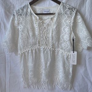 Saylor Cotton Blouse with lace, fringe and tie.
